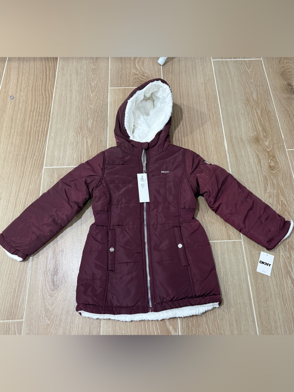 DKNY Girls 6X Hooded Reversible Puffer Jacket NWT Burgandy